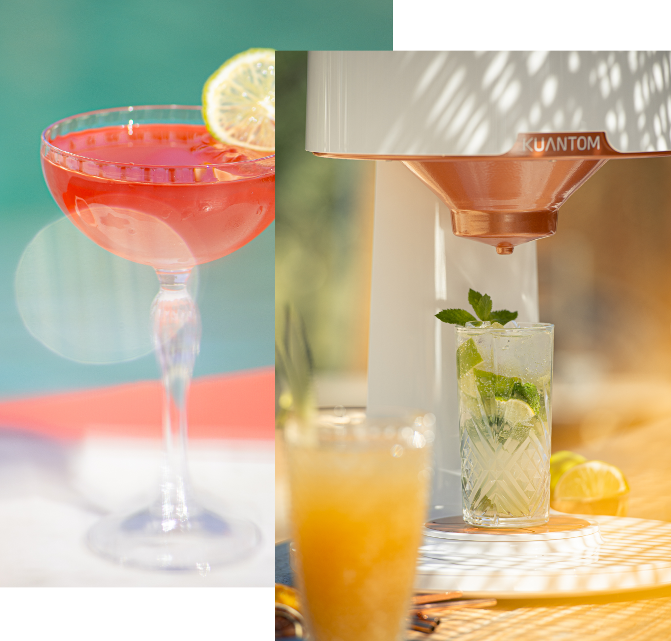 Machine à cocktails KUANTOM préparant un mojito frais avec citron vert et menthe